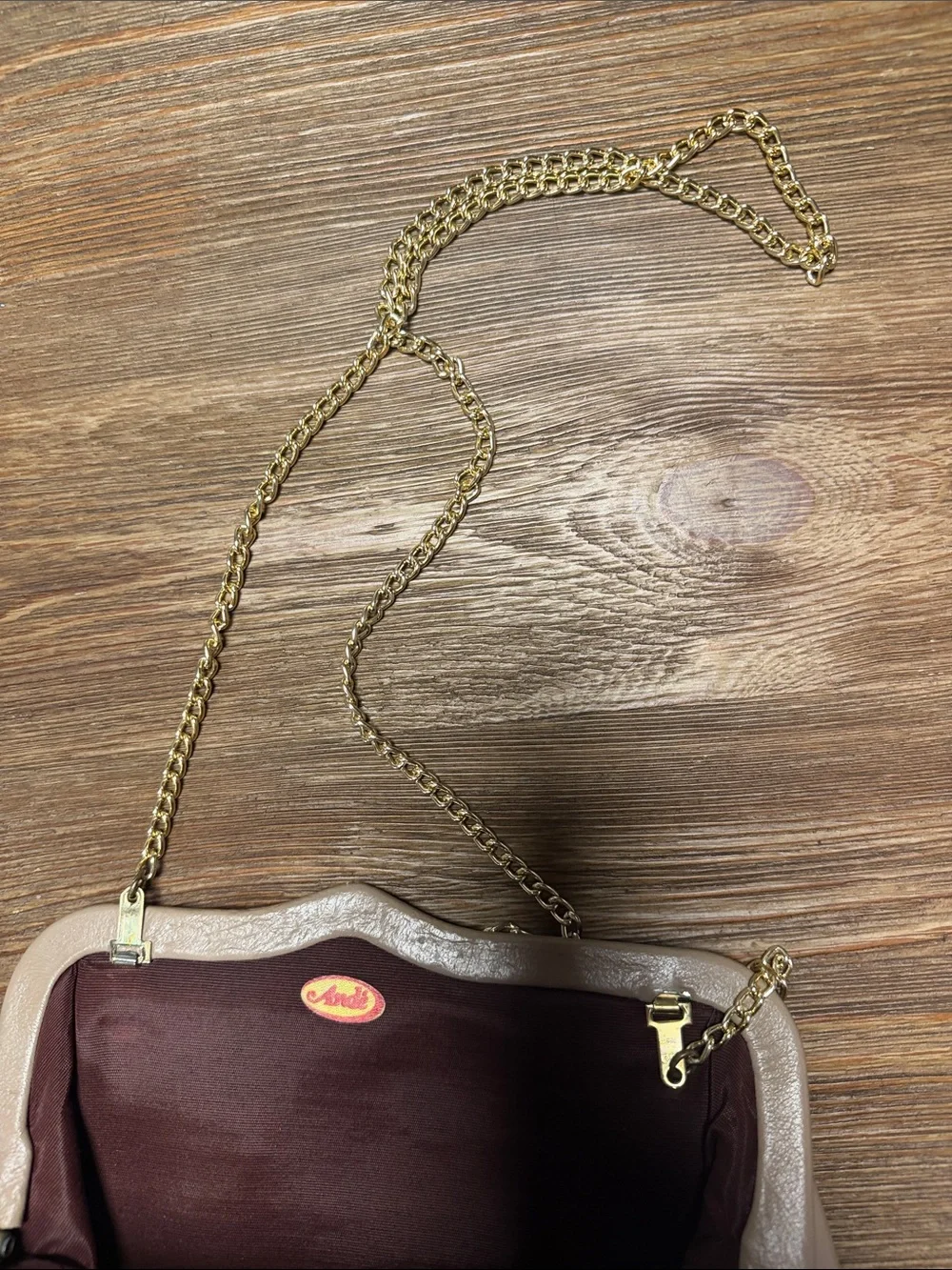 Vintage Beige Leather Chain-Handle Clutch - Women's Evening Wristlet